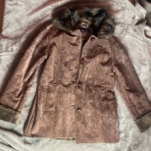 Jones New York Women's Faux Fur Collar Suede Leather Jacket, Brown, Size S,